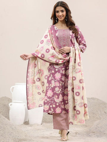 Floral Printed Thread Work Straight Kurta With Trousers & Dupatta Set VitansEthnics