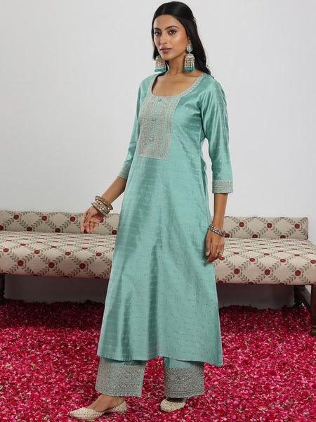 Sea Green Floral Embroidered Sequinned Chanderi Silk Kurta with Palazzo & Dupatta