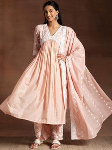Women Peach Ethnic Motifs Embroidered V-Neck Thread Work Pure Cotton A-Line Kurta Set VitansEthnics