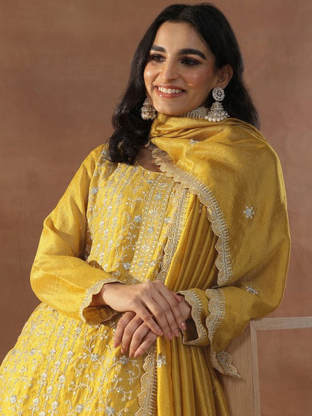 Mustard Yellow Floral Embroidered Sequinned Straight Kurta With Trousers & Dupatta