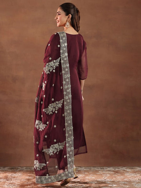 Maroon and Gold Floral Zari Yoke Design Straight Kurta with Trouser & Dupatta