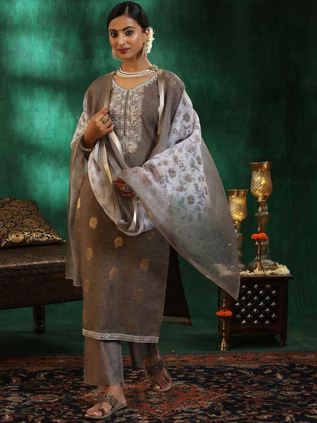 Women Grey Ethnic Motifs Regular Sequinned Kurta with Trousers & With Dupatta Set VitansEthnics