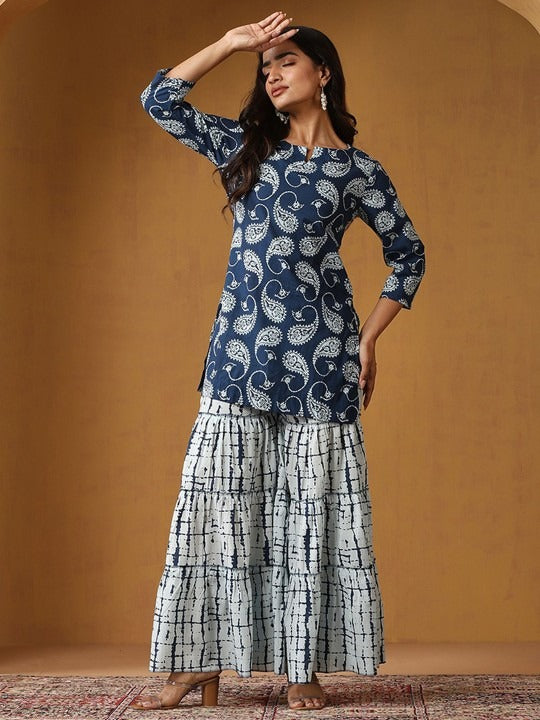 Women Paisley Printed Cotton Kurta with Sharara Set VitansEthnics