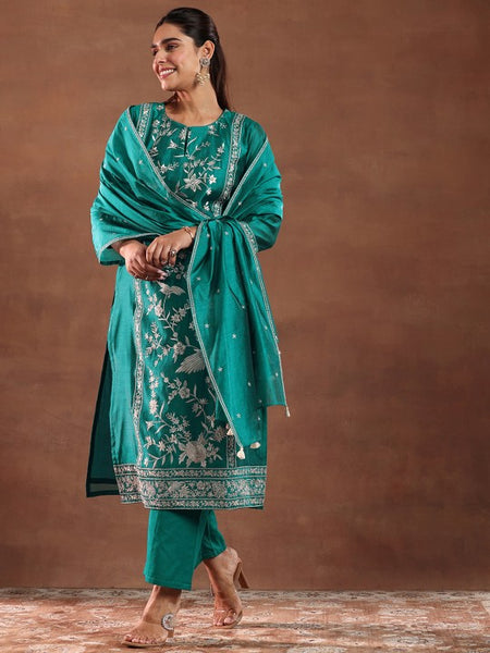 Floral Embroidered Chanderi Silk Kurta With Trousers & Dupatta Set