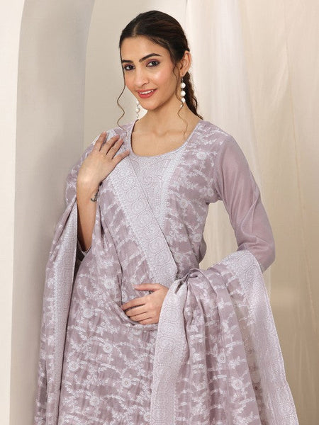 Women Floral Thread Work Chanderi Silk Regular Kurta with Trousers & Dupatta Indian Suit Set VitansEthnics