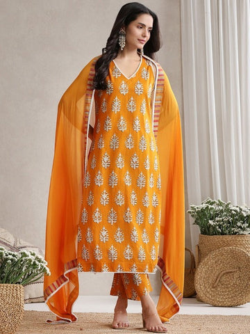 Women Floral Printed V-Neck Pure Cotton Straight Kurta With Palazzos And Dupatta Set VitansEthnics