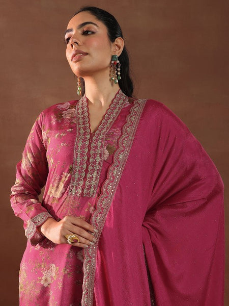 Women Floral Printed V-Neck Thread Work Silk Kurta With Trousers & Dupatta