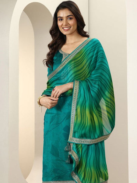 Women Floral Embroidered Regular Silk Chiffon Kurta with Trousers & With Dupatta Indian Suit Set VitansEthnics