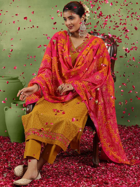 Mustrad Yellow Floral Embroidered Schiffli Cotton Kurta With Trousers & Dupatta