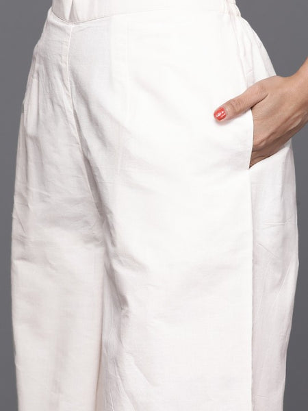 Women Off White & Pink Cotton Floral Thread Work Kurta with Palazzos & Dupatta Set