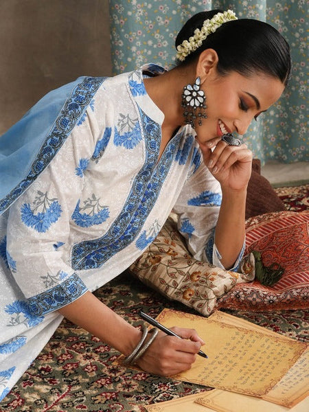Women Floral Printed Pure Cotton A-Line Kurta With Palazzos And Dupatta Set VitansEthnics