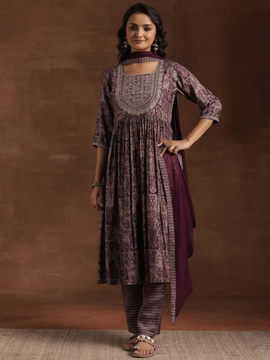 Women Ethnic Motifs Embroidered Pleated A-Line Kurta With Trouser & Dupatta