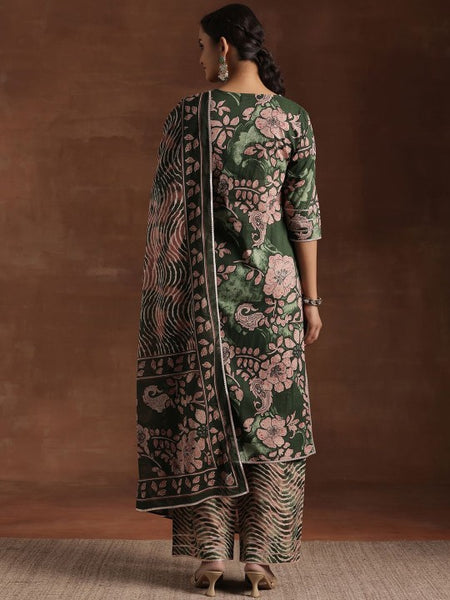 Women Green Floral Printed Gotta Patti Pure Cotton Kurta With Palazzos & Dupatta