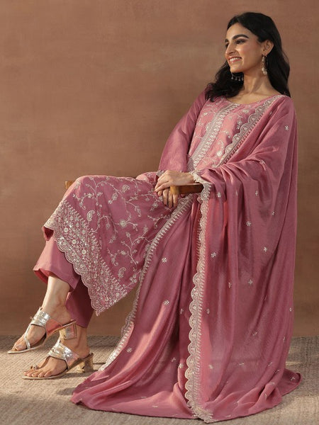 Pink Floral Embroidered Sequinned Straight Kurta With Trousers & Dupatta