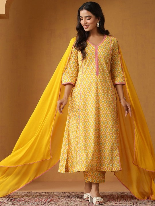 Women Geometric Printed Regular Aline Calf Length Kurta with Palazzos & Dupatta Set VitansEthnics