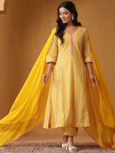 Women Geometric Printed Regular Aline Calf Length Kurta with Palazzos & Dupatta Set VitansEthnics