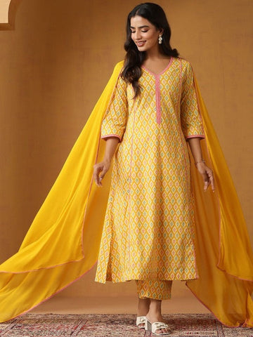 Women Geometric Printed Regular Aline Calf Length Kurta with Palazzos & Dupatta Set VitansEthnics