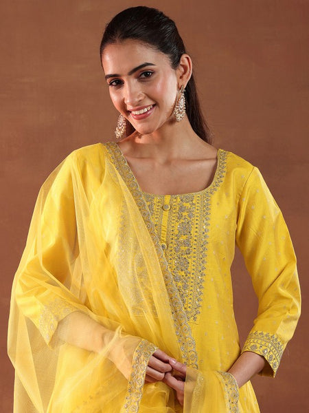 Yellow Ethnic Motifs Woven Design Chanderi Silk A-Line Kurta with Palazzo & Dupatta