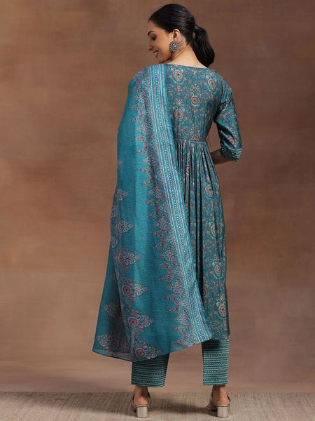 Women Blue Floral Printed Pleated Sequinned Straight Kurta with Trousers & Dupatta