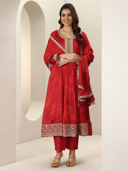Women Embroidered Pleated Silk Chiffon Kurta with Trousers & With Dupatta Indian Suit Set VitansEthnics