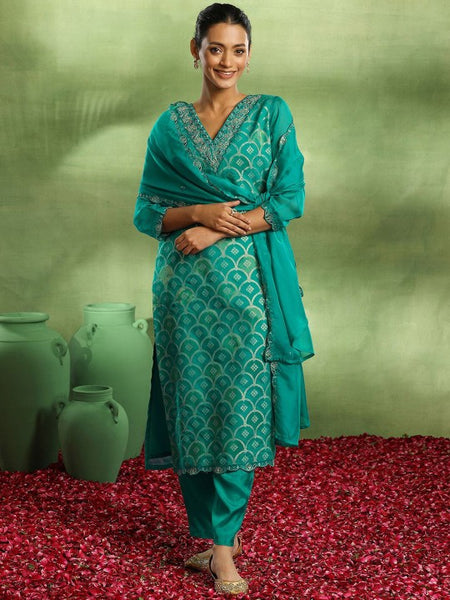 V-Neck Woven Design Zari Straight Kurta with Trouser & Dupatta Set