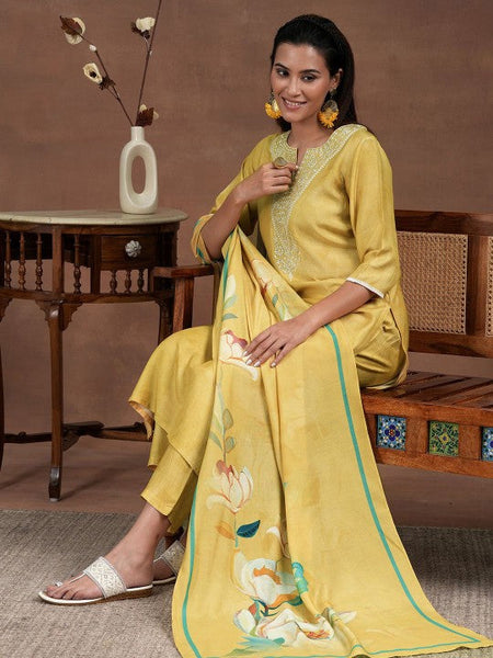 Women Floral Yoke Design Thread Work Notch Neck Straight Kurta with Trousers & Dupatta Set VitansEthnics
