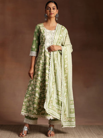 Women Floral Embroidered Thread Work Pure Cotton Kurta & Trousers With Dupatta
