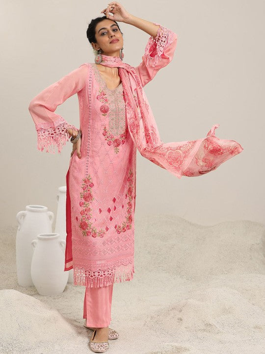 Women Floral Embroidered Panelled Kurta With Trousers & Dupatta Set