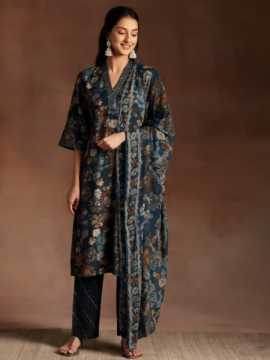 Women Floral Printed Straight Kurta With Trousers & Dupatta Set