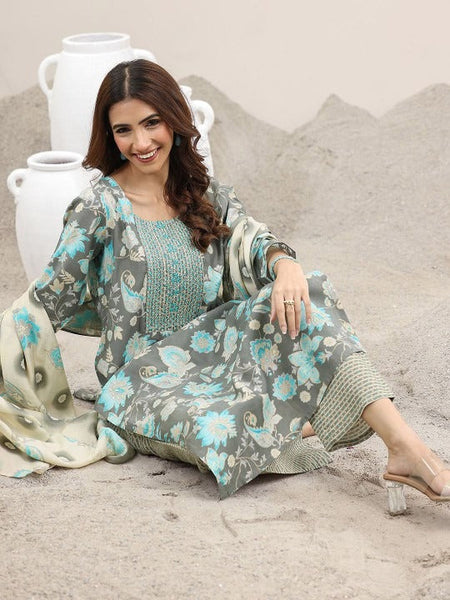 Floral Printed Thread Work Round Neck Straight Kurta With Trousers & Dupatta Set VitansEthnics