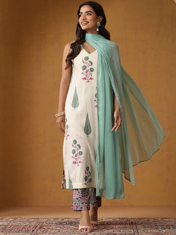 Women Floral Printed Sleeveless Pure Cotton Kurta Set With Dupatta Set VitansEthnics