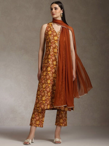 Women Floral Printed Sleeveless Pure Cotton Kurta Set With Dupatta Set VitansEthnics