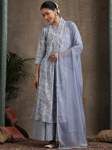 Women Floral Printed Pure Cotton A-Line Kurta With Palazzos And Dupatta Set VitansEthnics