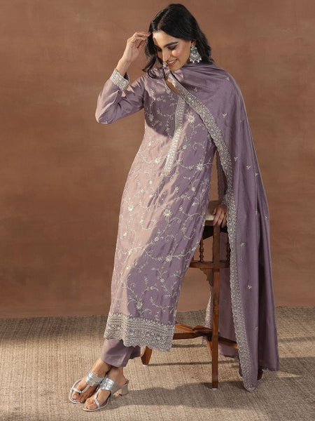Mauve Floral Embroidered Round Neck Sequinned Straight Kurta With Trousers & Dupatta