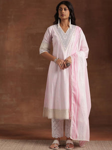 Women Pink Floral Printed Sequinned Pure Cotton Kurta with Trousers & Dupatta