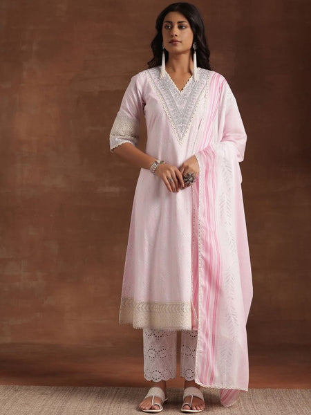 Women Pink Floral Printed Sequinned Pure Cotton Kurta with Trousers & Dupatta