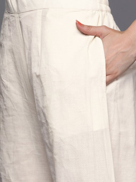 Women Off White Floral Mirror detail Cotton Straight Kurta & Palazzos with Dupatta Set VitansEthnics