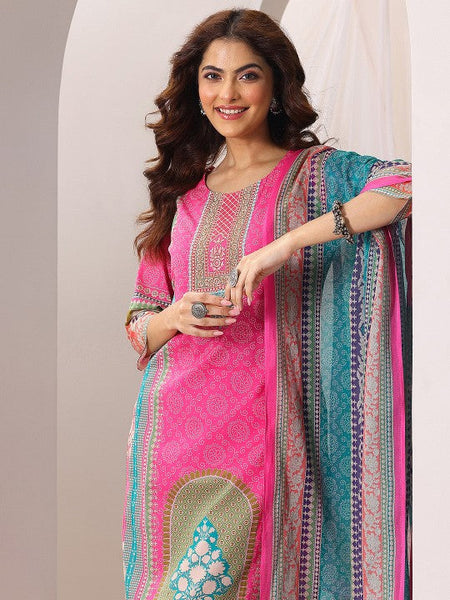 Women Ethnic Motifs Printed Round Neck Straight Kurta with Trousers & Dupatta Set VitansEthnics