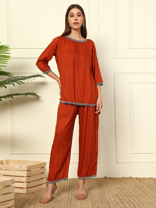 Women Embroidered Boat Neck Pure Cotton Tunic With Trousers Co-Ords Set VitansEthnics