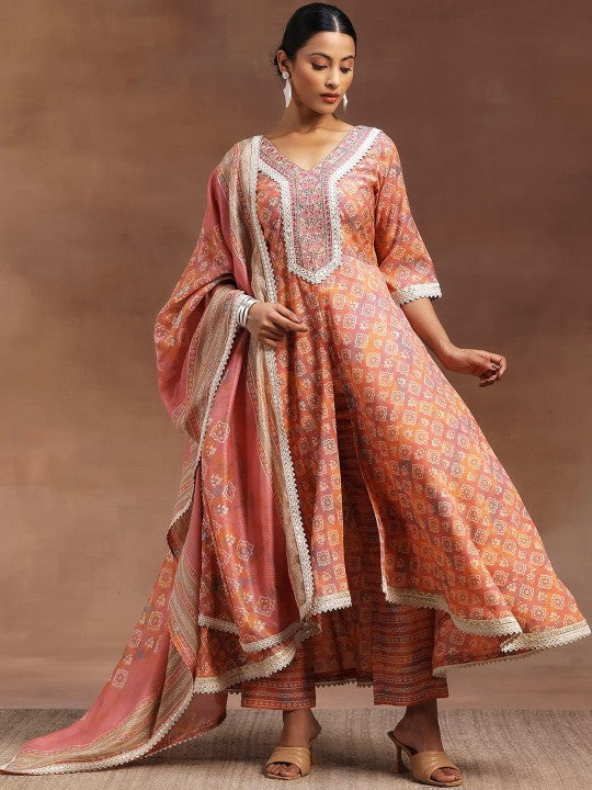 Women Ethnic Motifs Printed Zari Panelled Flared Kurta With Trouser & Dupatta