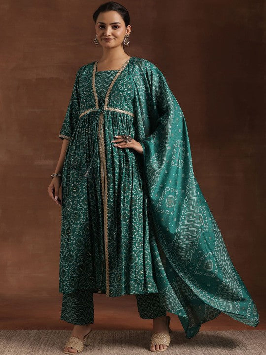 Women Bandhani Printed Pleated Gotta Patti A-Line Kurta with Trousers & Dupatta