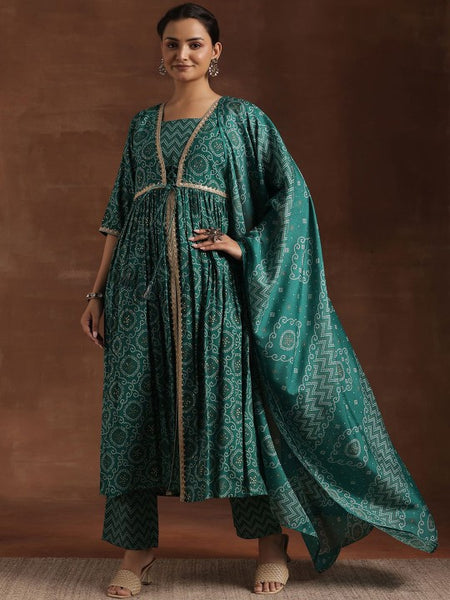 Women Bandhani Printed Pleated Gotta Patti A-Line Kurta with Trousers & Dupatta