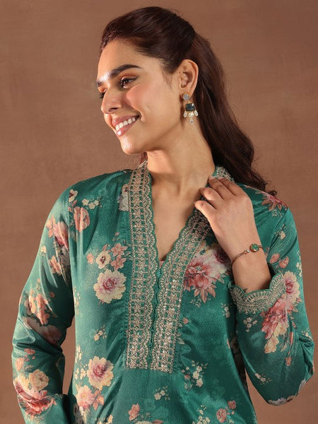 Women Floral Printed V-Neck Thread Work Silk Kurta With Trousers & Dupatta