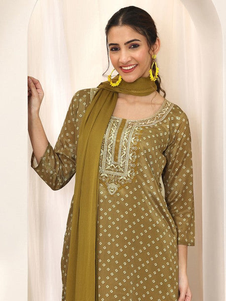 Women Bandhani Printed Scoop Neck Thread Work Straight Kurta With Trouser & Dupatta Set VitansEthnics