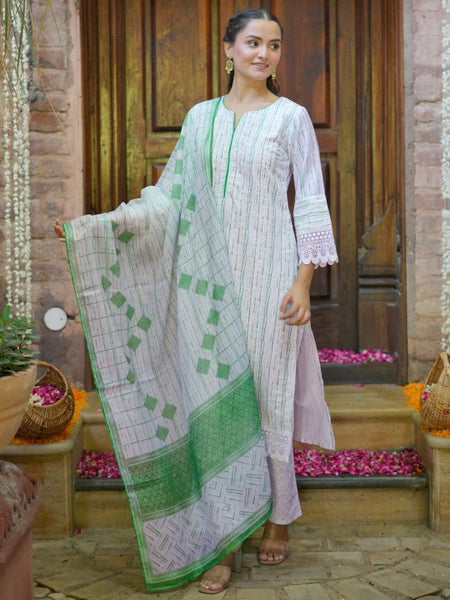 Notched Neck Flared Sleeves Floral Embroidered Straight Kurta with Palazzo & Dupatta Set