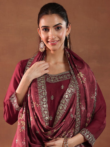 Women Floral Embroidered Sequinned Straight Kurta with Palazzos & Dupatta