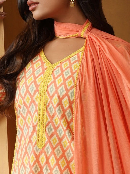 Women Geometric Printed Pure Cotton Straight Kurta With Palazzo And Dupatta Set VitansEthnics