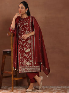 Floral Embroidered Chanderi Silk Kurta With Trousers & Dupatta Set