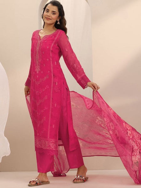 Floral Embroidered Notch Neck Thread Work Straight Kurta With Trousers & Dupatta Set VitansEthnics