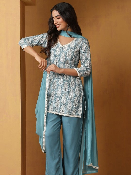 Women Paisley Printed Regular Straight Above Knee Kurta with Palazzos & Dupatta Set VitansEthnics